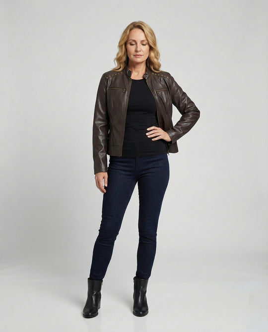 Damen Lederjacke Schwarz mit Nieten