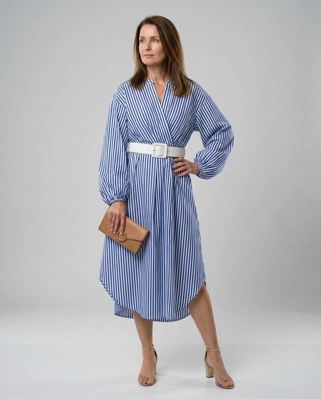 Damen Midikleid Hemdblusenkleid gestreift