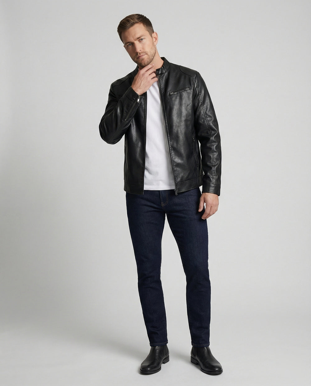 Herren Kunstlederjacke mit modernem Stehkragen R&B