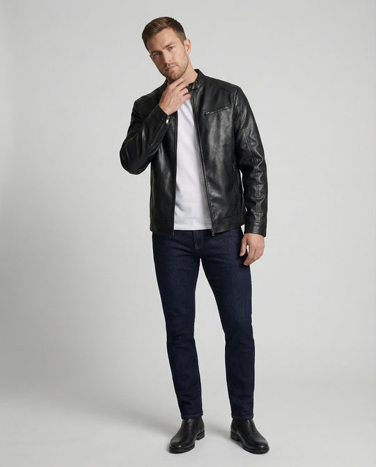 Herren Kunstlederjacke mit modernem Stehkragen R&B