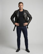 Herren Lederjacke mit asymmetrischem Reißverschluss und Taschen