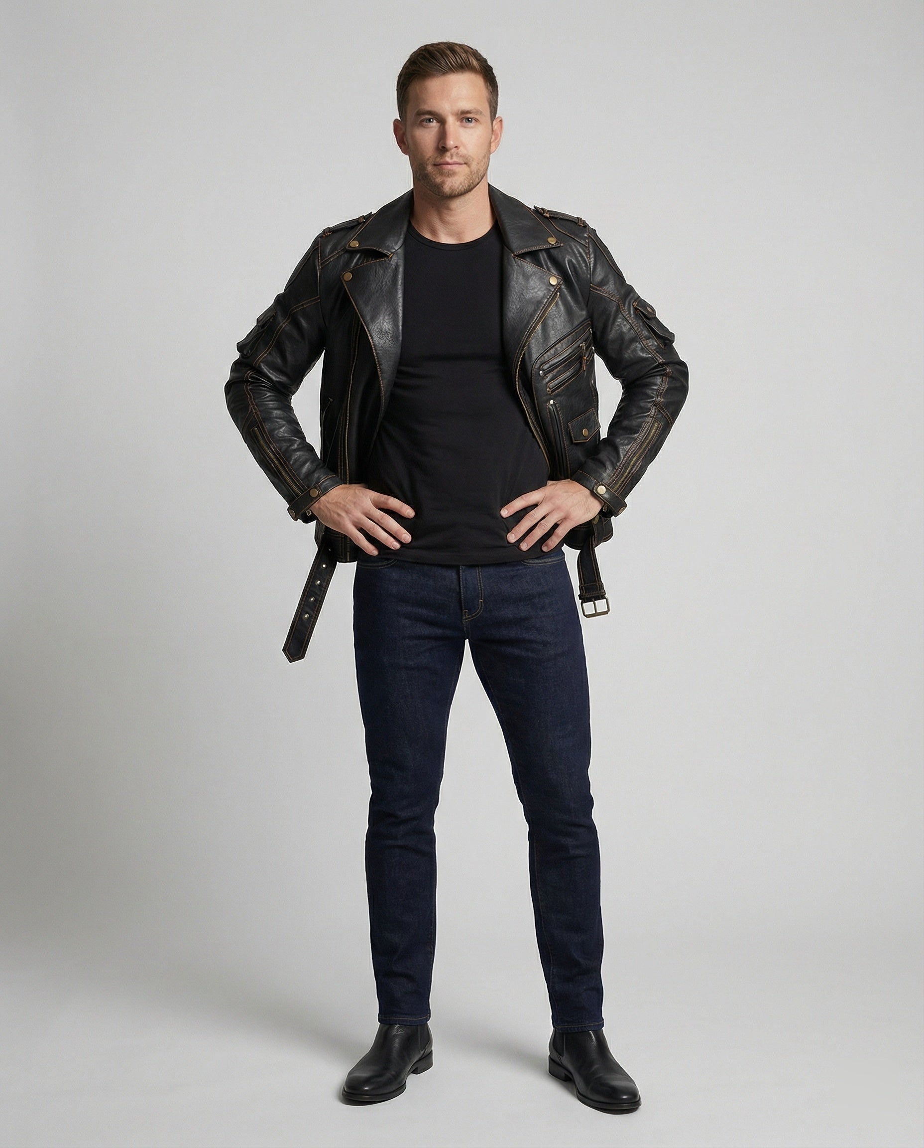 Herren Lederjacke mit asymmetrischem Reißverschluss und Taschen