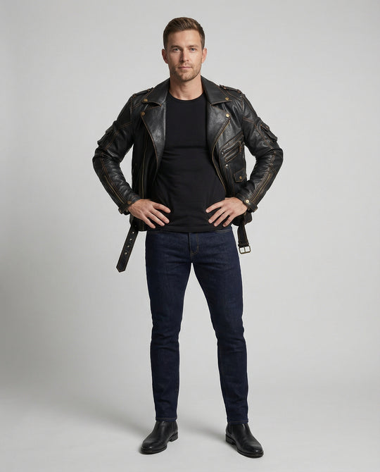 Herren Lederjacke mit asymmetrischem Reißverschluss und Taschen