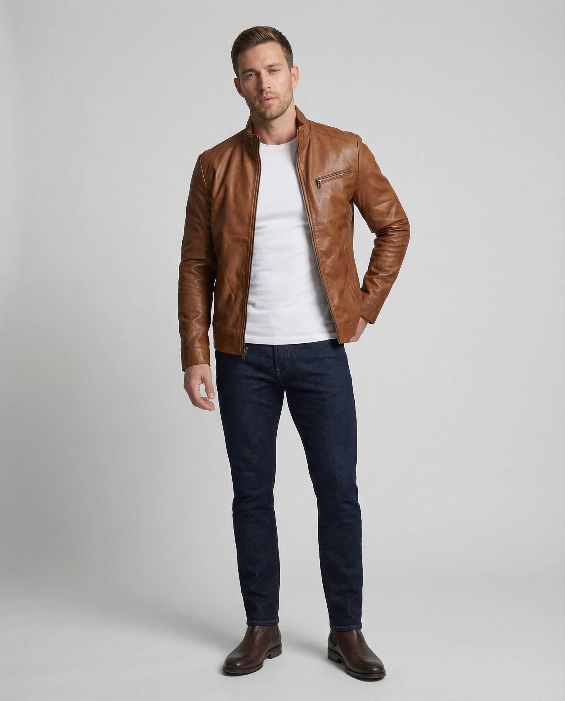 Herren Kunstlederjacke mit Stehkragen modern