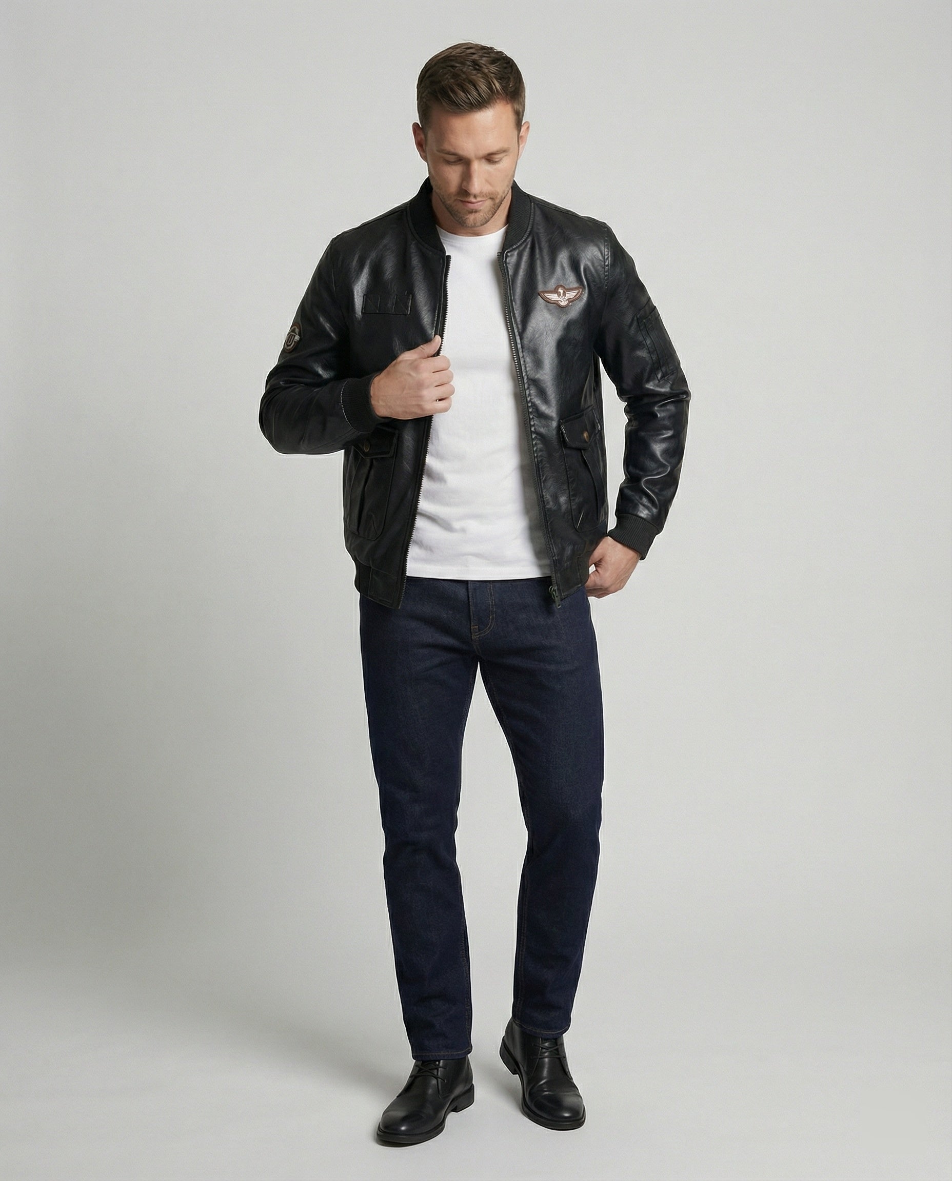 Herren Bomberjacke Kunstleder Pilotenstil