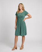 Damen Elegantes Grünes Midikleid mit Punktmuster & Kurzen Ärmeln - R&B