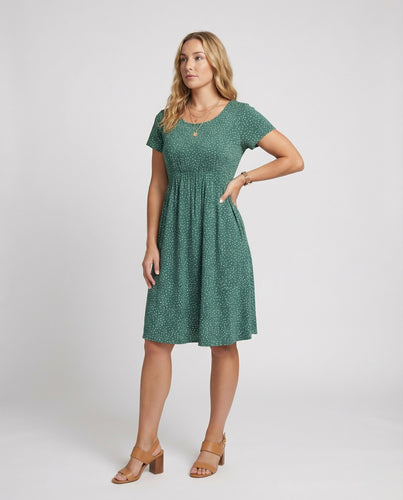 Damen Elegantes Grünes Midikleid mit Punktmuster & Kurzen Ärmeln | R&B