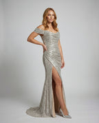Glitzerndes Damen Abendkleid Schulterfreies Maxikleid mit Schlitz für Hochzeit & Fest | R&B