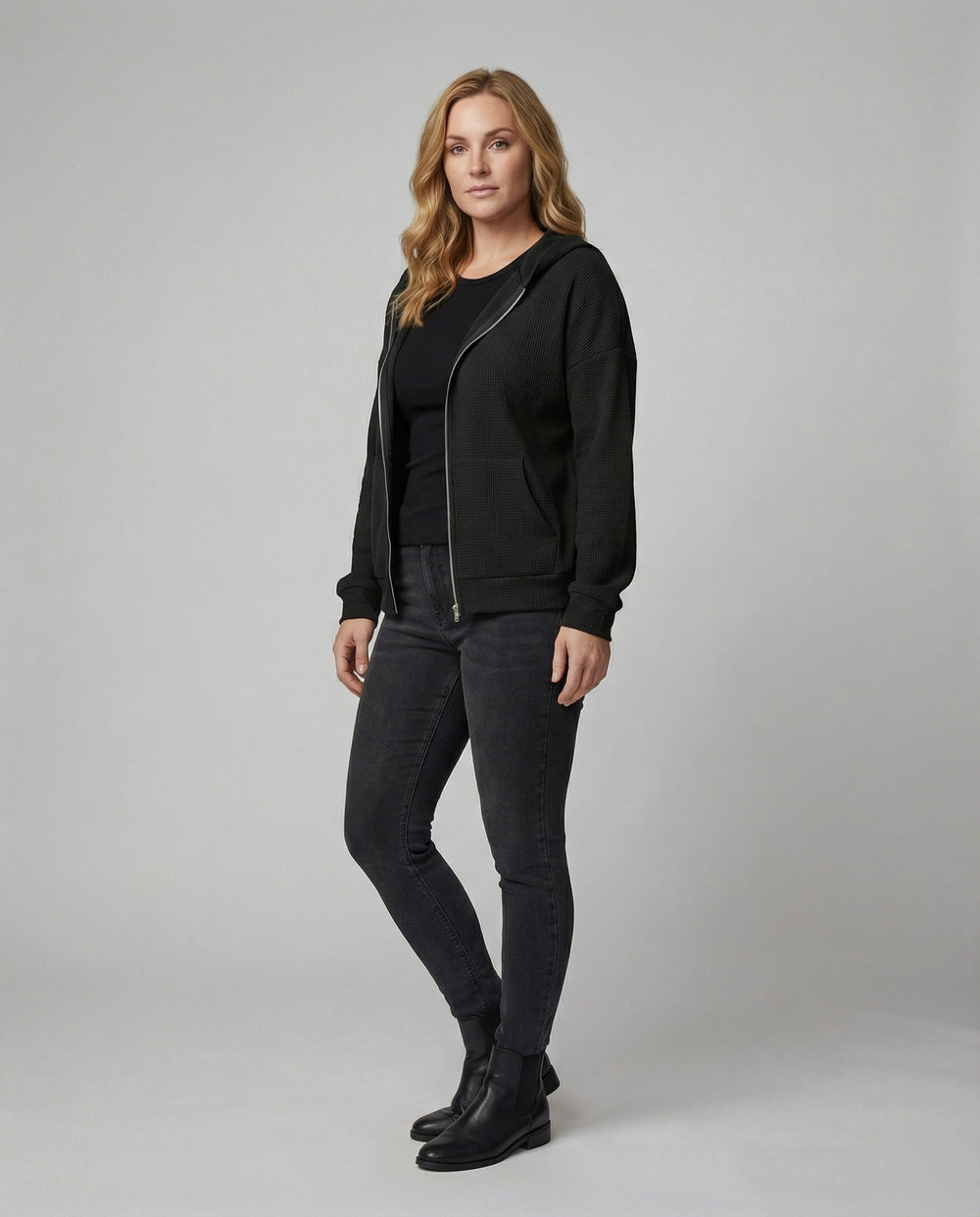 Damen lässige Waffle-Hoodie Jacke mit Reißverschluss R&B