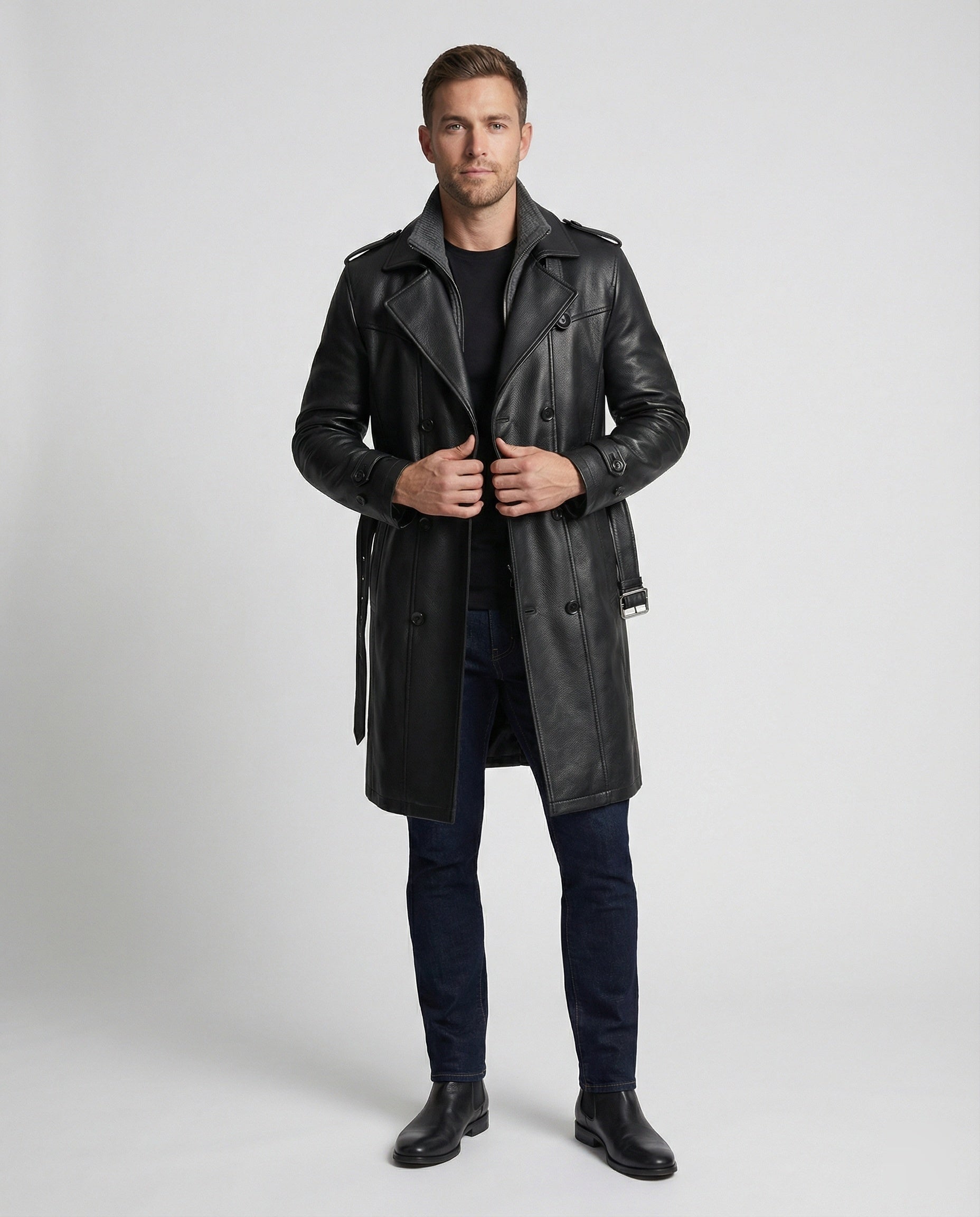 R&B | Doppelreihiger Leder-Trenchcoat Herren