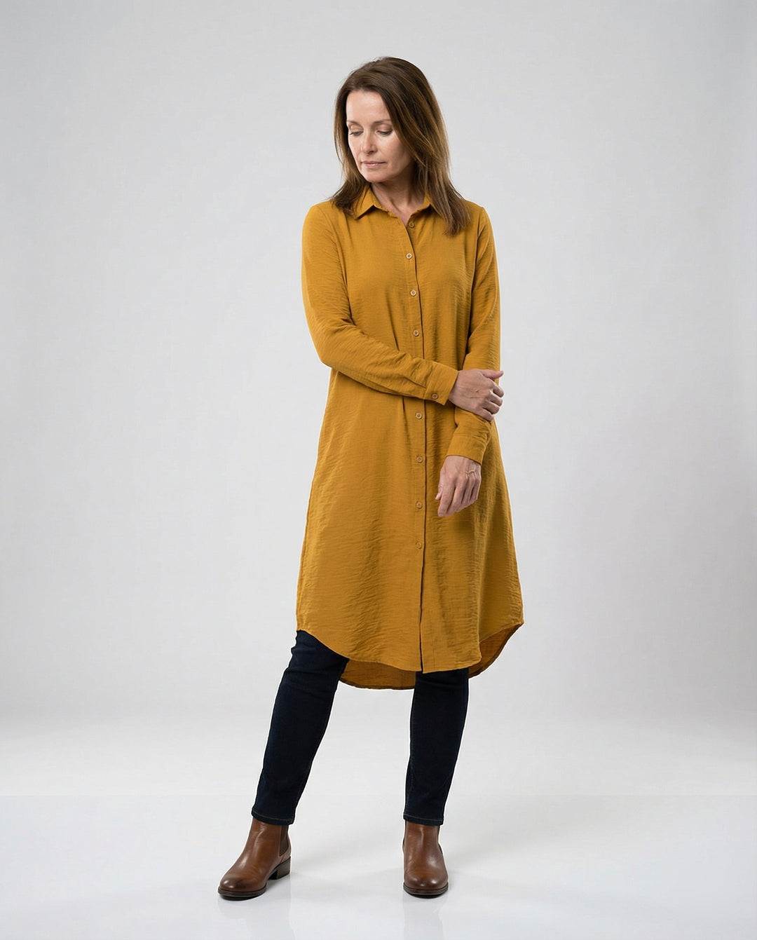 Damen Tunika Kleid lang mit Knopfleiste