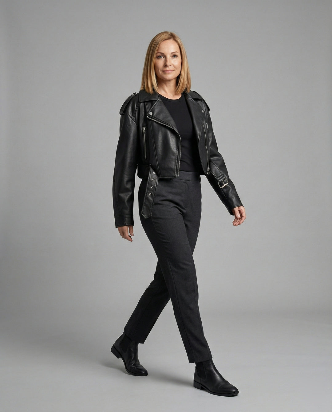 Damen Lederjacke Schwarz mit Gürtel