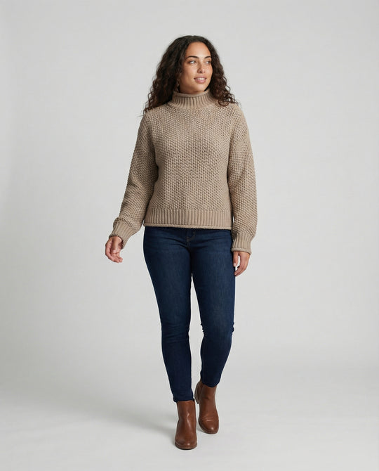 Damen kuscheliger Strickpullover mit hohem Kragen und weit geschnittenen Ärmeln R&B