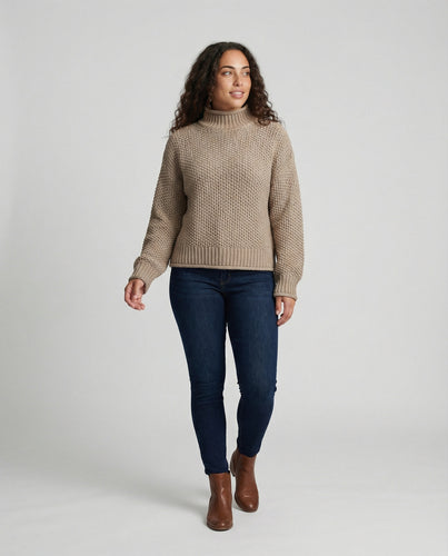 Damen kuscheliger Strickpullover mit hohem Kragen und weit geschnittenen Ärmeln R&B