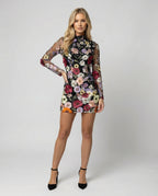 Minikleid mit floralen Applikationen und durchscheinender Optik