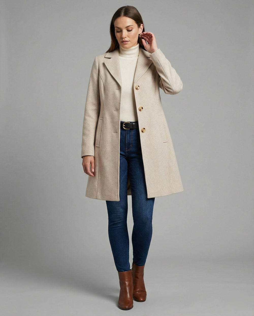 Damen eleganter Langblazer mit modernem Kragen und tailliertem Schnitt R&B