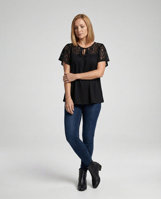 Damen Blusentop Spitze Tunika A-Linie