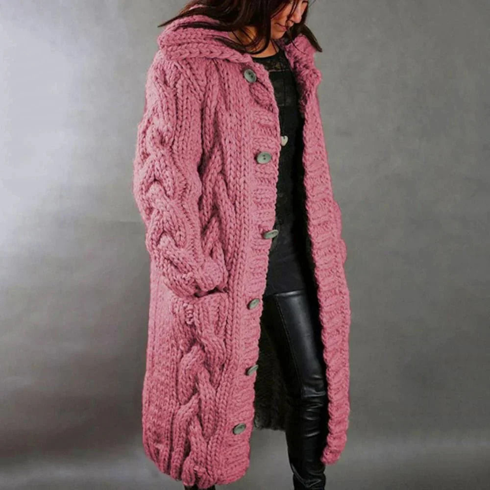 R&B | Strickmantel - Oversized Fit - Wollmischung - Kabelmuster - Langes Modell - Kapuze