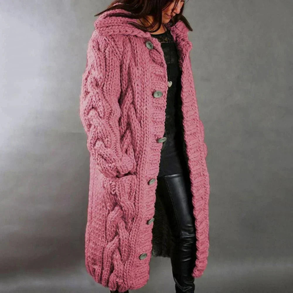 R&B | Strickmantel - Oversized Fit - Wollmischung - Kabelmuster - Langes Modell - Kapuze