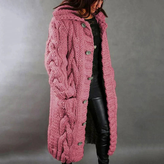 R&B | Strickmantel - Oversized Fit - Wollmischung - Kabelmuster - Langes Modell - Kapuze