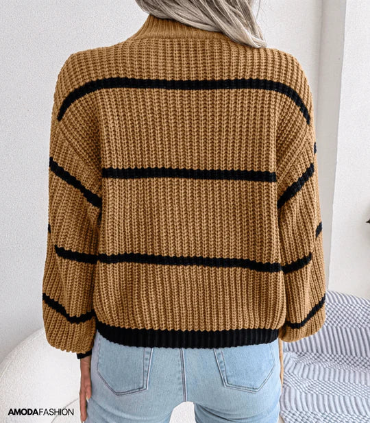 R&B | Pullover - Damen Herbst Gemütlicher Rollkragen Gestreifter Pullover