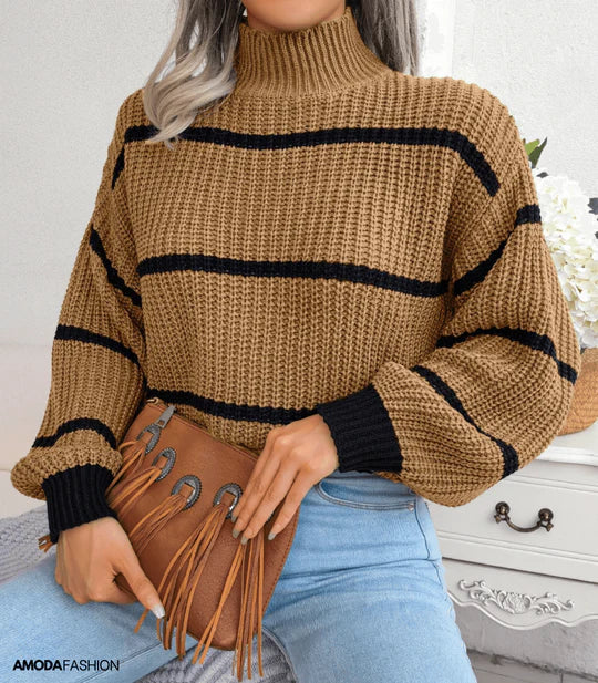 R&B | Pullover - Damen Herbst Gemütlicher Rollkragen Gestreifter Pullover