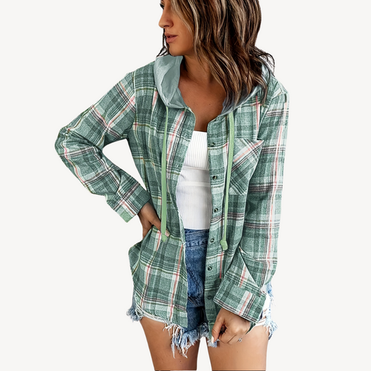 R&B | Damen Karierte Button-Down Hemdjacke mit Kapuze