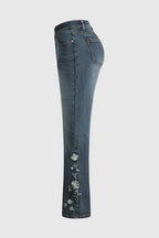 R&B | Mittel Taille Flamingo Bestickte Jeans
