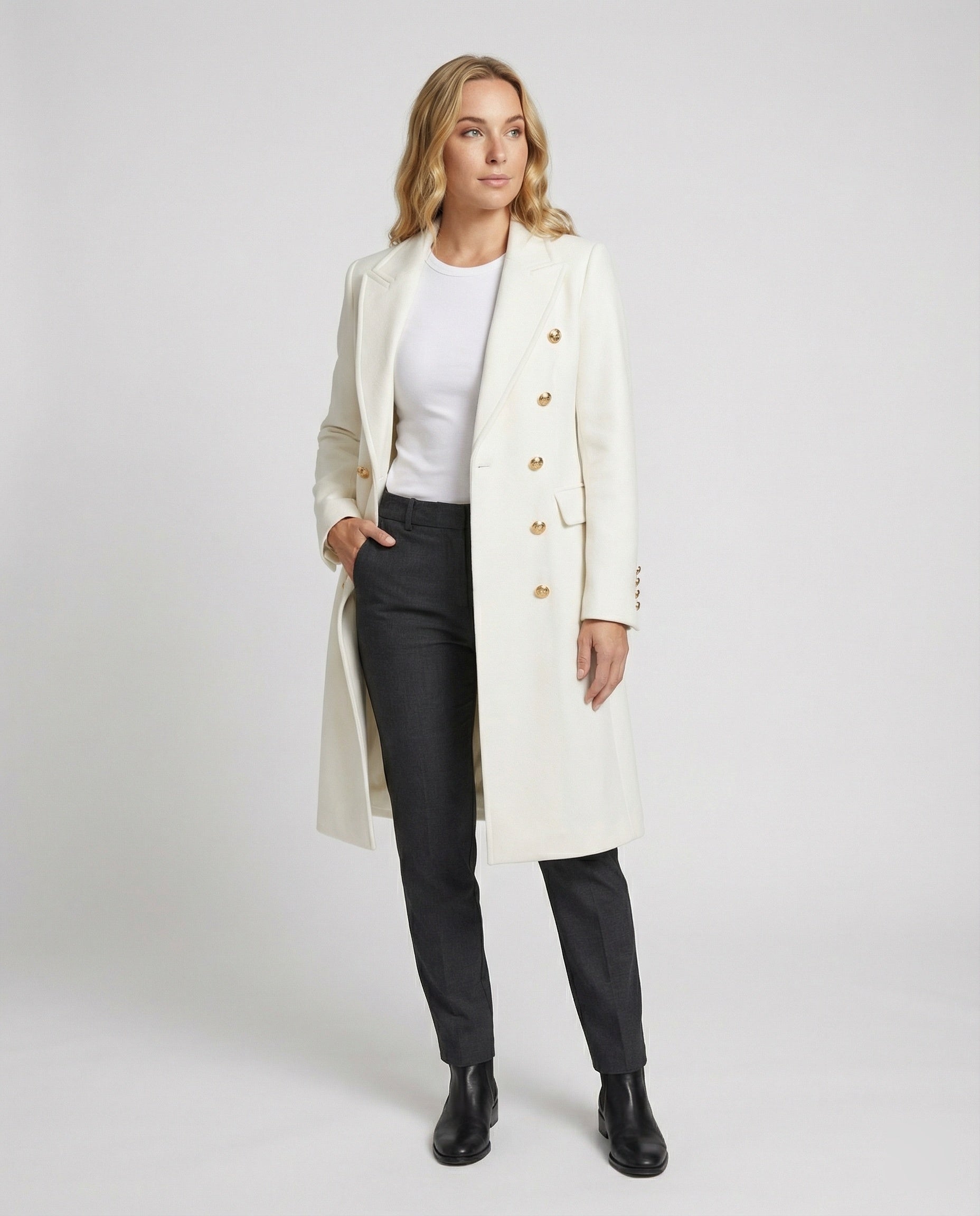 R&B | Wollmantel mit Revers, Knopftasche und Langen Armeln für Damen