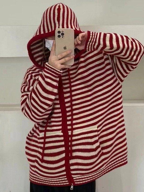 R&B | Bequeme Gestreifte Kapuzenjacke mit Reißverschluss