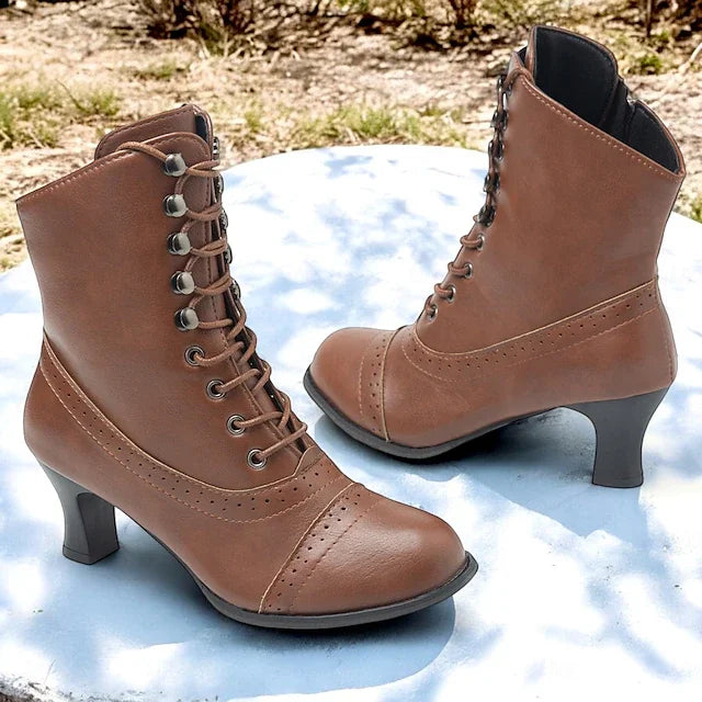 R&B | Damen Viktorianische Braune Mid-Heel Schnürstiefel mit Reißverschluss