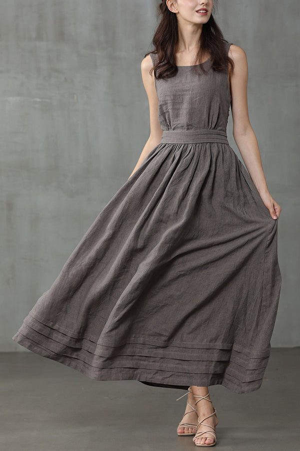 R&B | Cross Back O-Hals Maxikleid Leinen