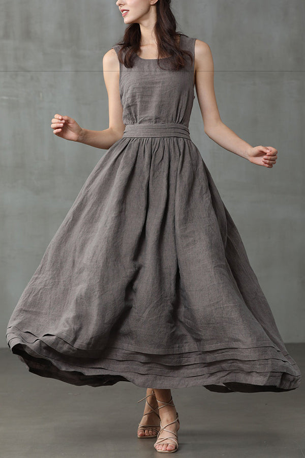 R&B | Cross Back O-Hals Maxikleid Leinen