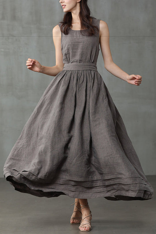 R&B | Cross Back O-Hals Maxikleid Leinen