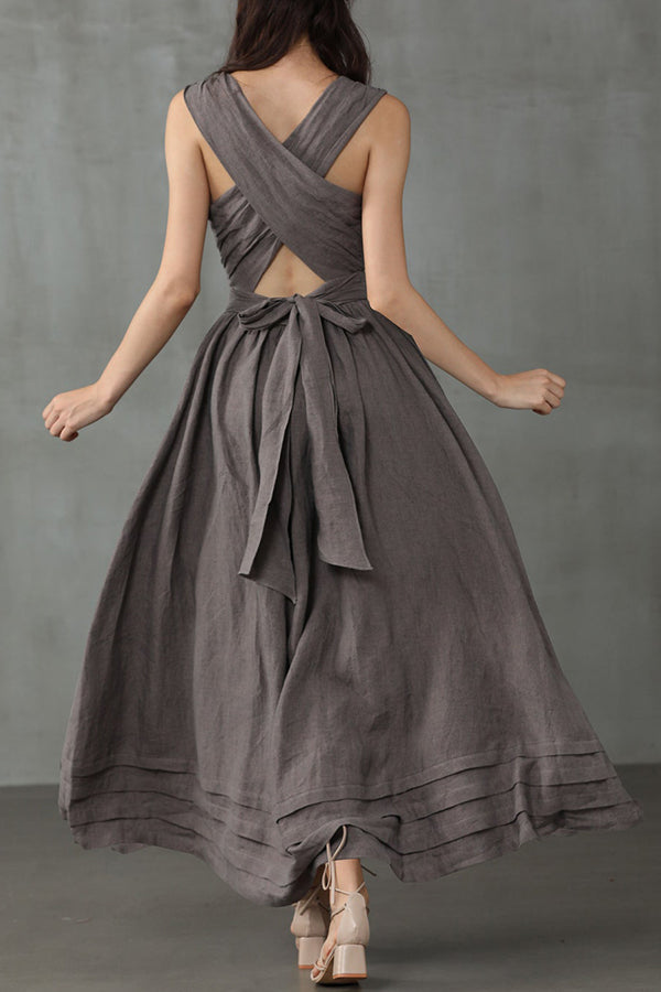 R&B | Cross Back O-Hals Maxikleid Leinen