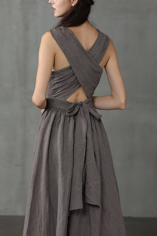 R&B | Cross Back O-Hals Maxikleid Leinen