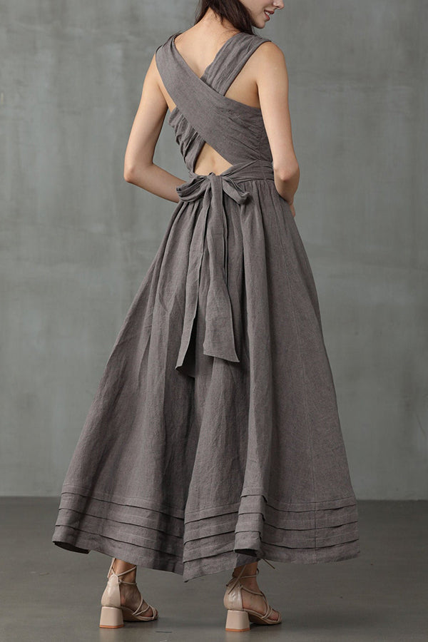 R&B | Cross Back O-Hals Maxikleid Leinen