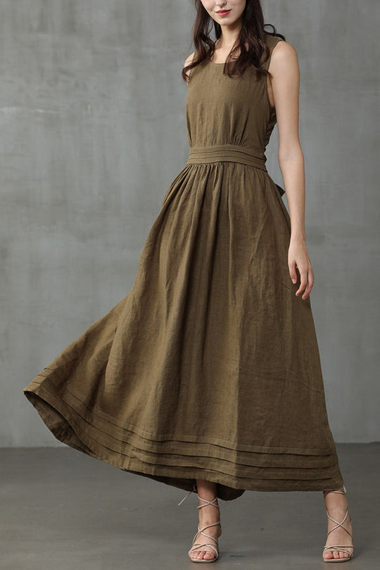 R&B | Cross Back O-Hals Maxikleid Leinen
