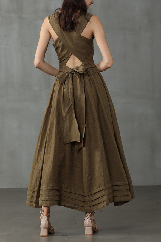 R&B | Cross Back O-Hals Maxikleid Leinen