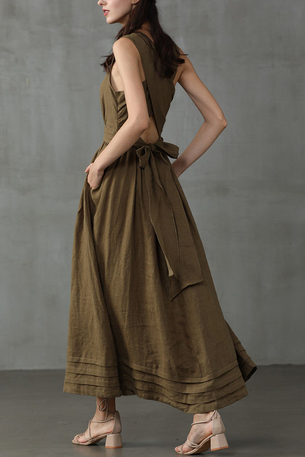 R&B | Cross Back O-Hals Maxikleid Leinen