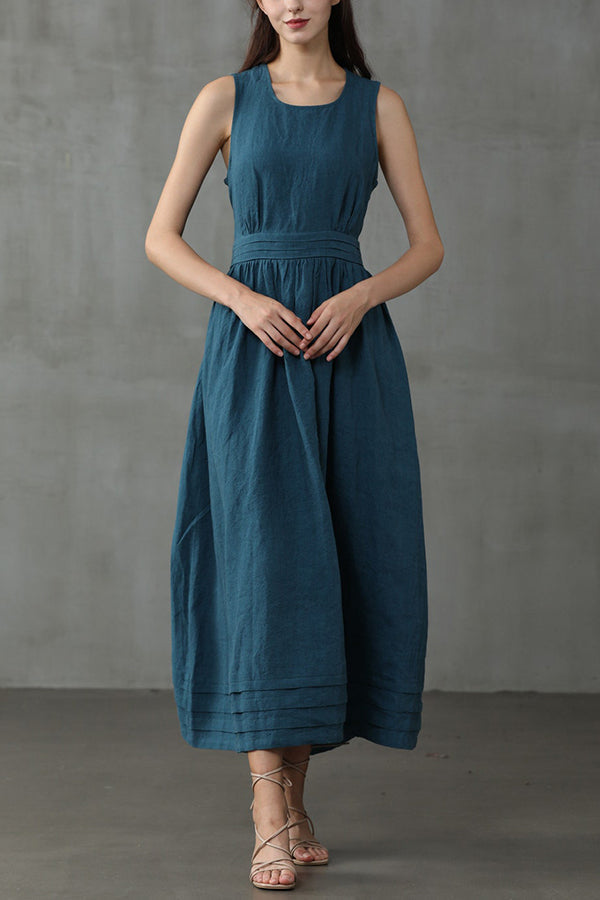 R&B | Cross Back O-Hals Maxikleid Leinen