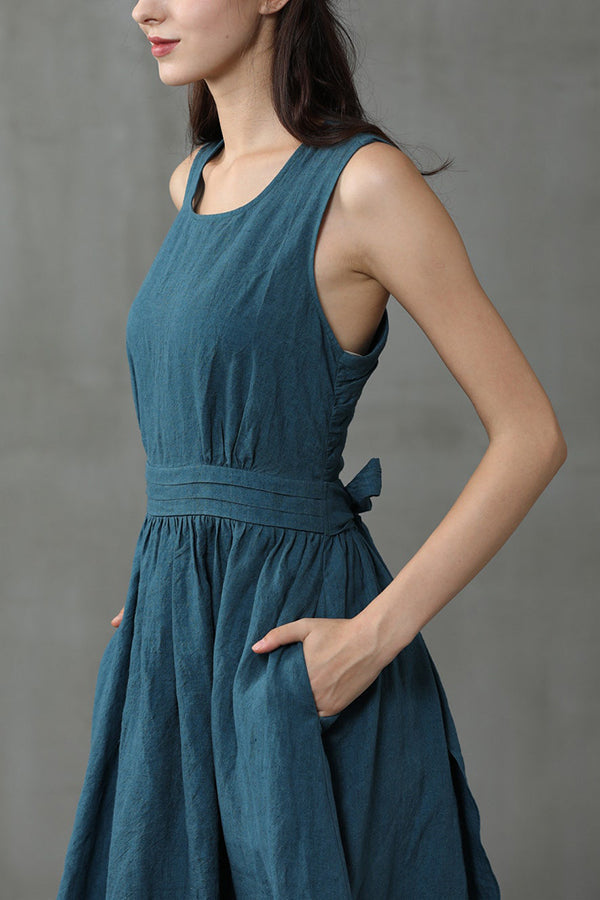 R&B | Cross Back O-Hals Maxikleid Leinen