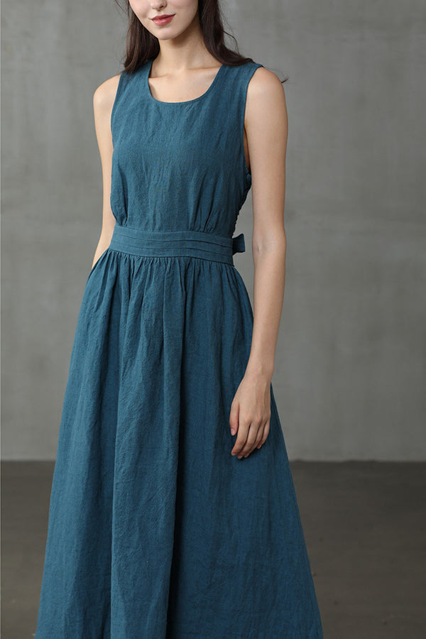 R&B | Cross Back O-Hals Maxikleid Leinen