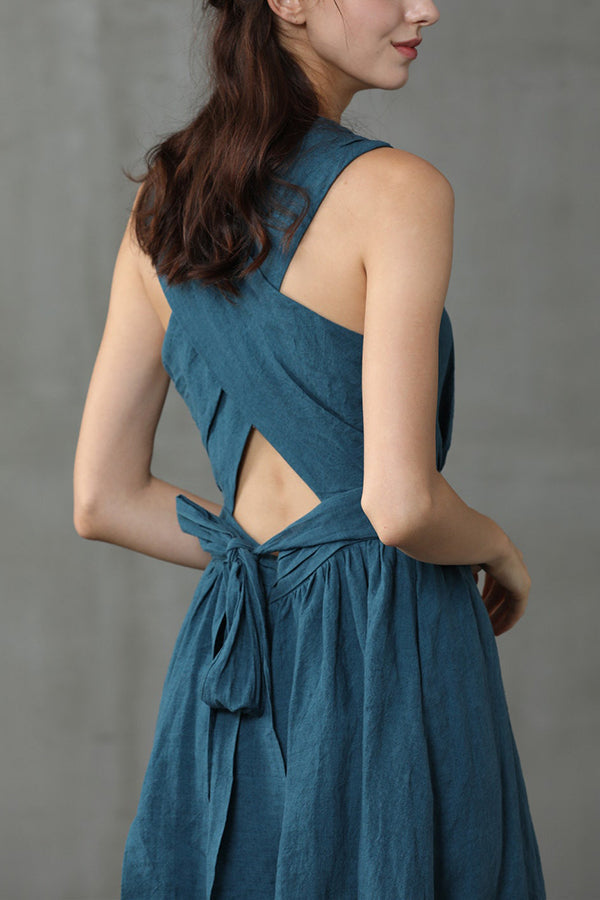 R&B | Cross Back O-Hals Maxikleid Leinen