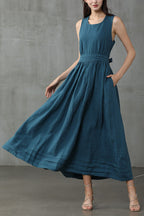 R&B | Cross Back O-Hals Maxikleid Leinen