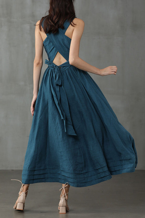 R&B | Cross Back O-Hals Maxikleid Leinen