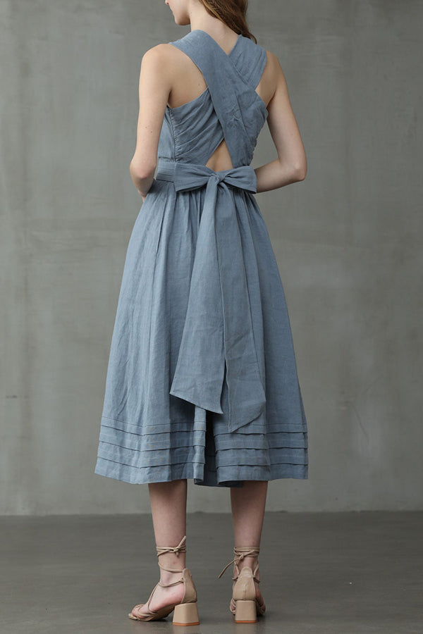 R&B | Cross Back O-Hals Maxikleid Leinen