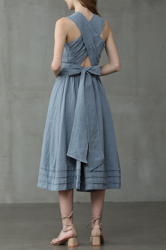 R&B | Cross Back O-Hals Maxikleid Leinen