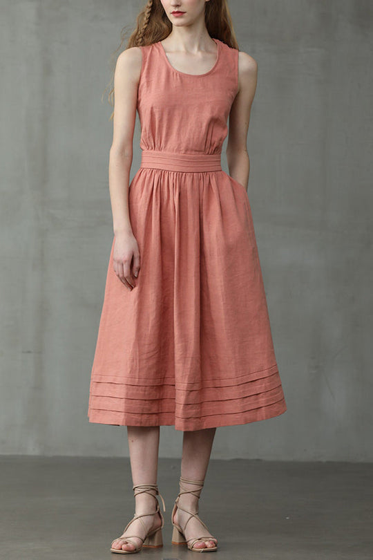 R&B | Cross Back O-Hals Maxikleid Leinen