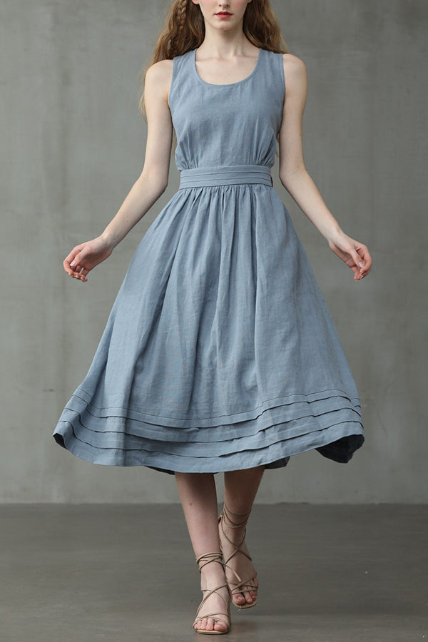 R&B | Cross Back O-Hals Maxikleid Leinen